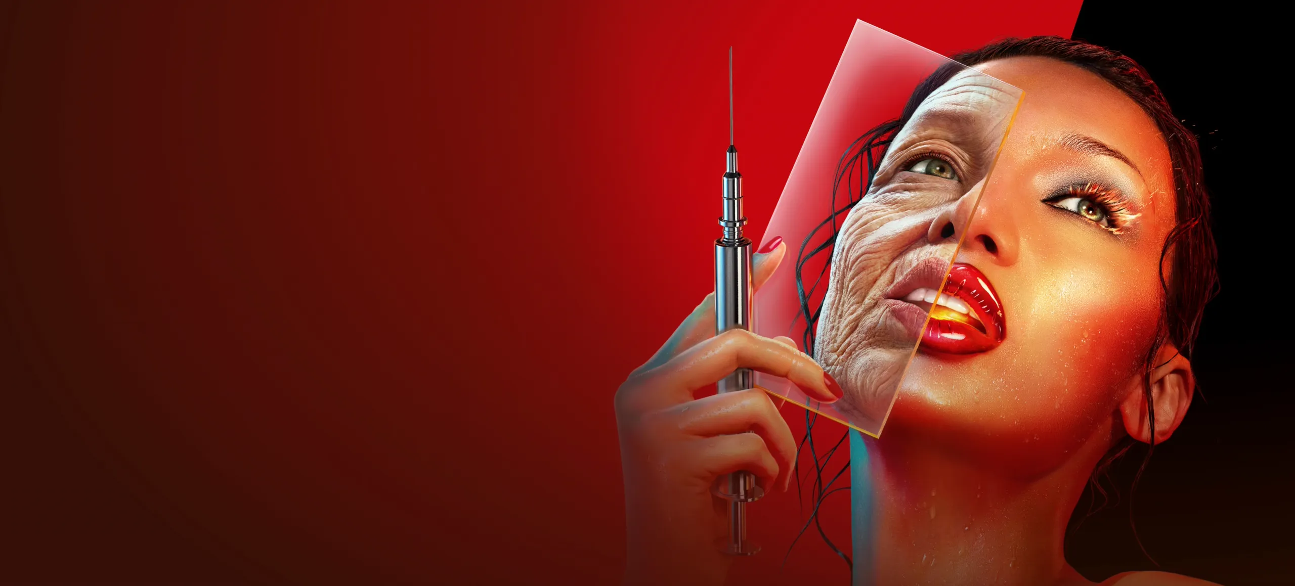 A promotional image for The Beauty featuring Ruby (Bella Hadid) in a red leather outfit.