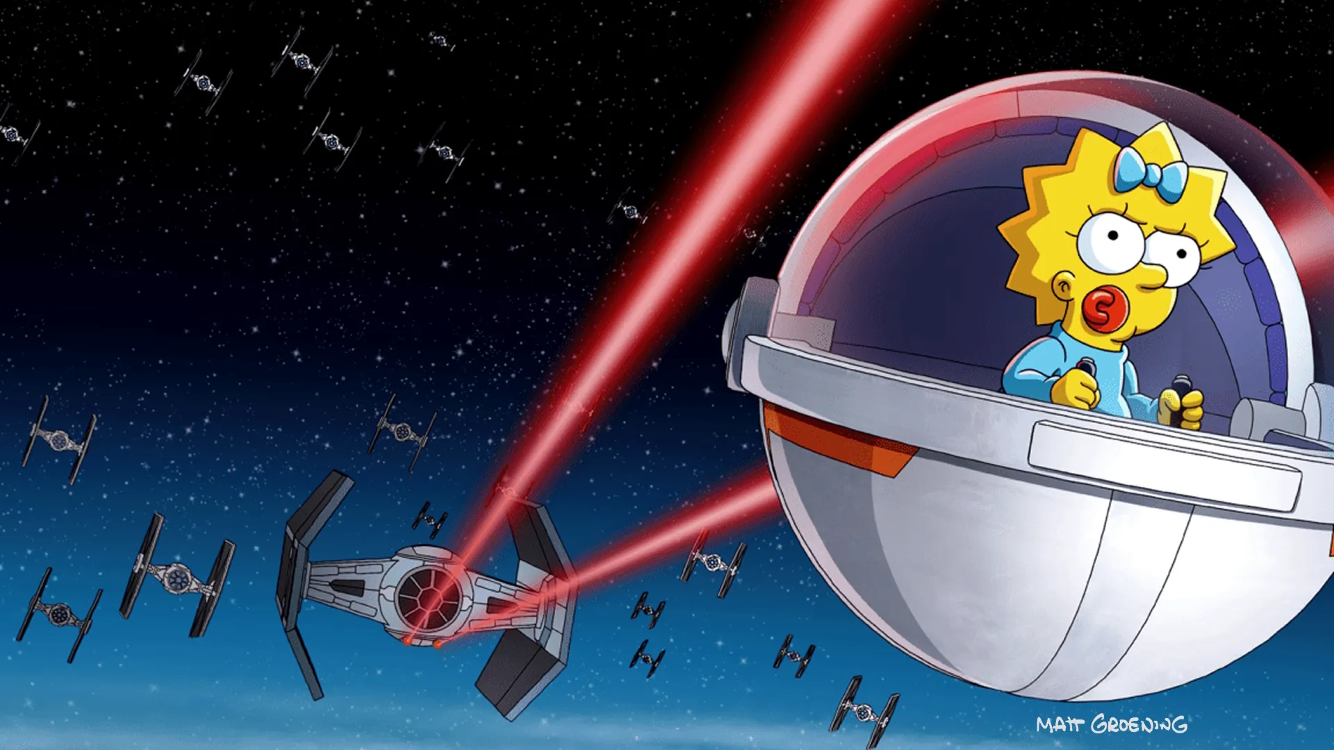 Maggie Simpson flies a spherical spacecraft through deep space while firing red lasers at a fleet of attacking TIE fighters.