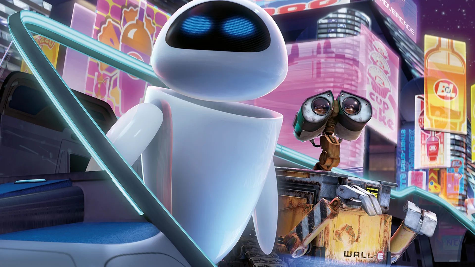 The sleek, white robot EVE leans out of a futuristic hover vehicle next to the rusty, binocular-eyed robot WALL-E, set against a vibrant background of glowing neon advertisements in a city from the animated film WALL-E.