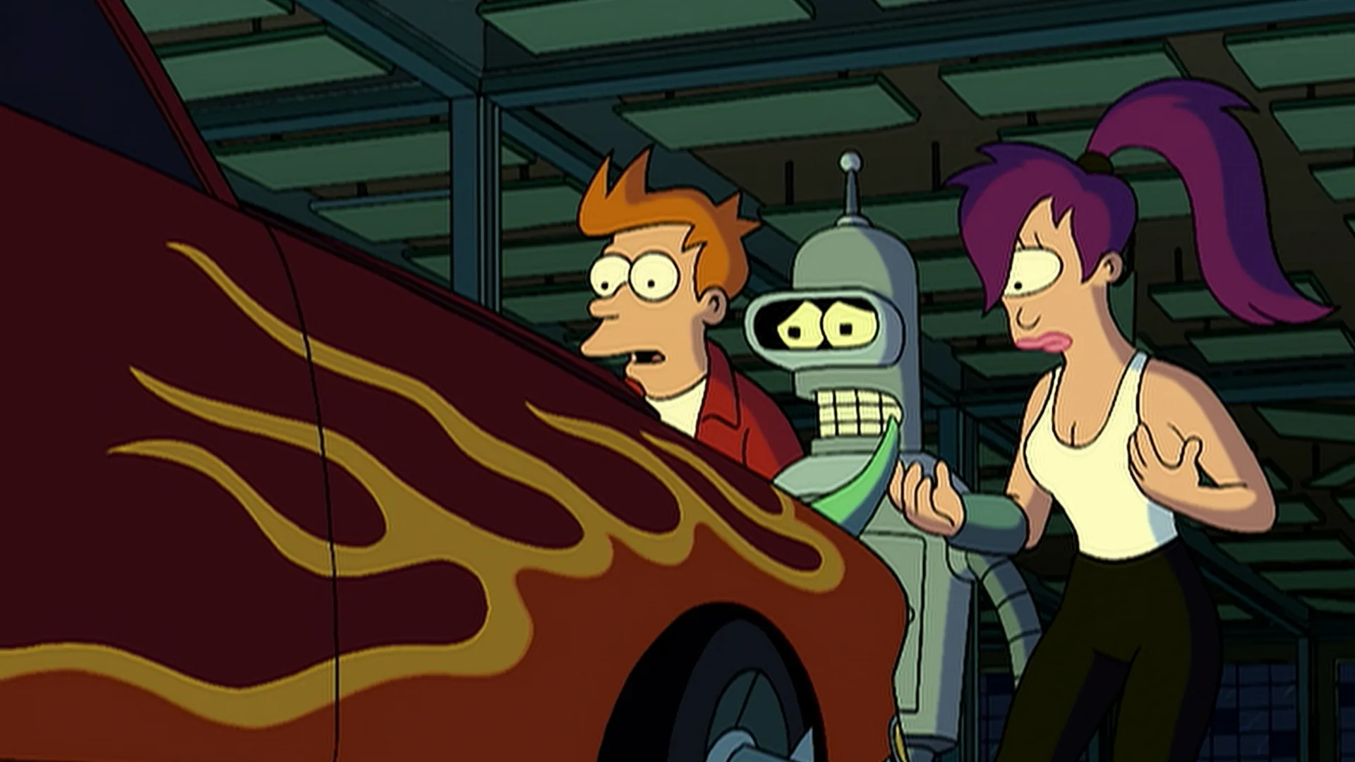 Fry, Bender, and Leela confront a honking nightmare of a car in Futurama's "The Honking."