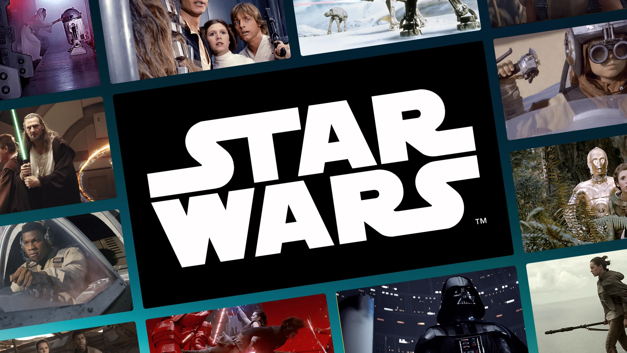 A collage of images from multiple Star Wars movies, with the Star Wars logo in the middle