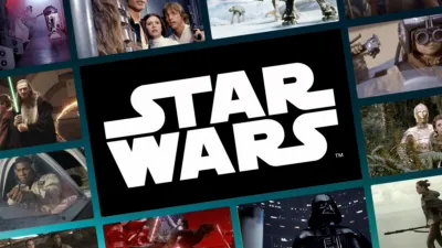 A collage of images from multiple Star Wars movies, with the Star Wars logo in the middle