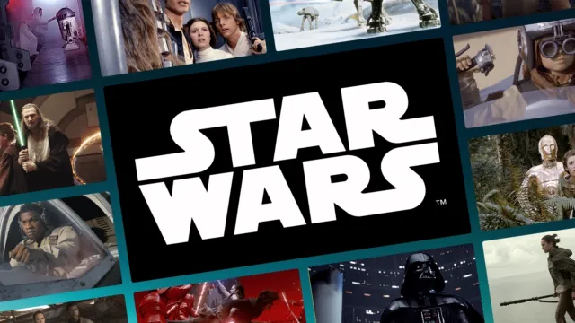 A collage of images from multiple Star Wars movies, with the Star Wars logo in the middle