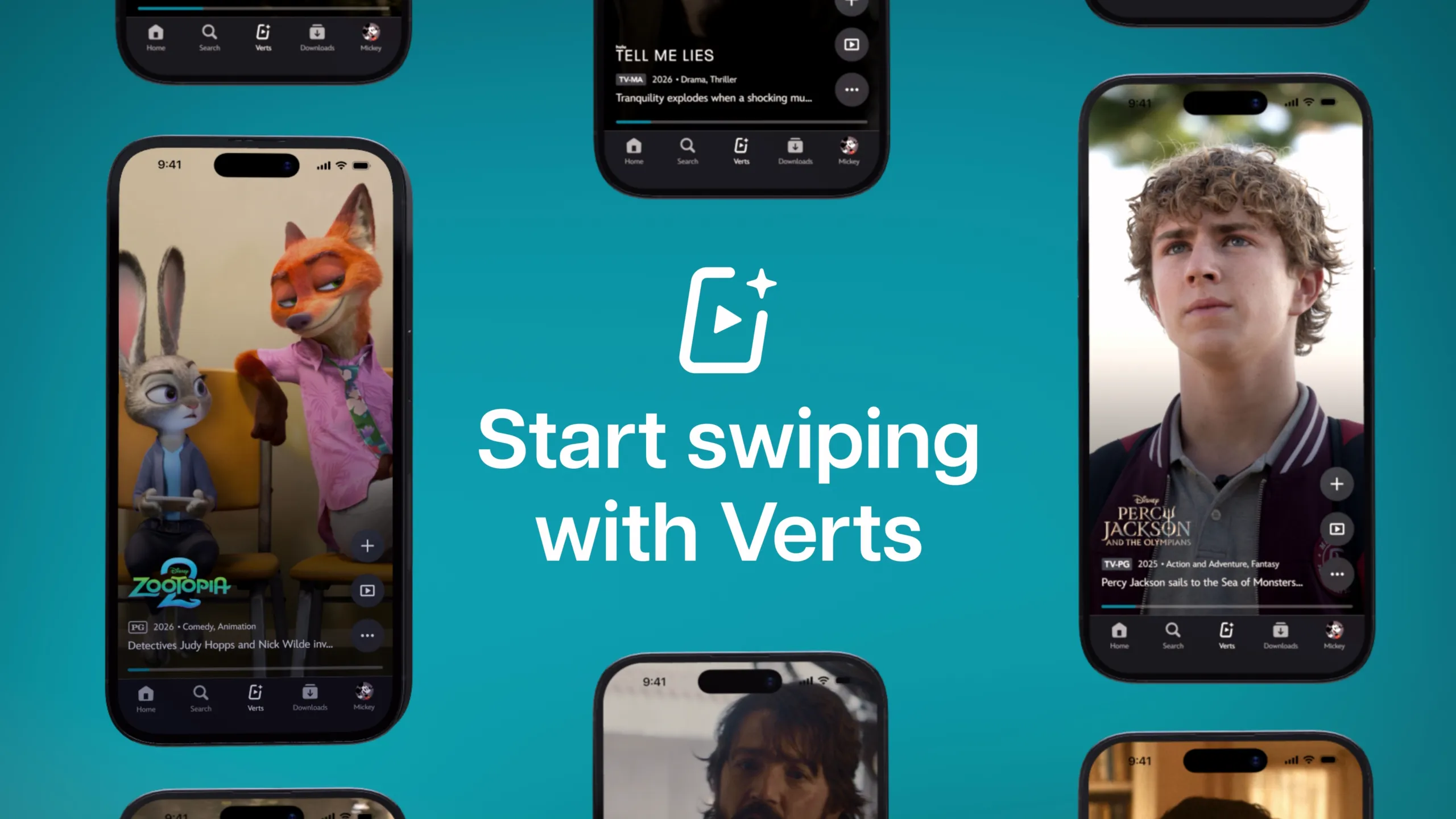 Verts Logo with mobile devices showcasing the Verts feature with scenes from Zootopia 2 and Percy Jackson and the Olympians.