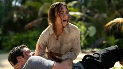 This image is a still from the upcoming survival horror film Send Help, directed by Sam Raimi and starring Rachel McAdams and Dylan O'Brien.