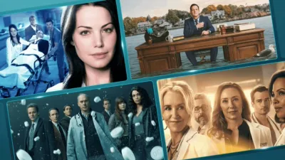 A collage of four promotional posters for different medical drama television shows features various ensembles of actors in clinical settings, including doctors in lab coats and medical staff attending to a patient on a gurney.