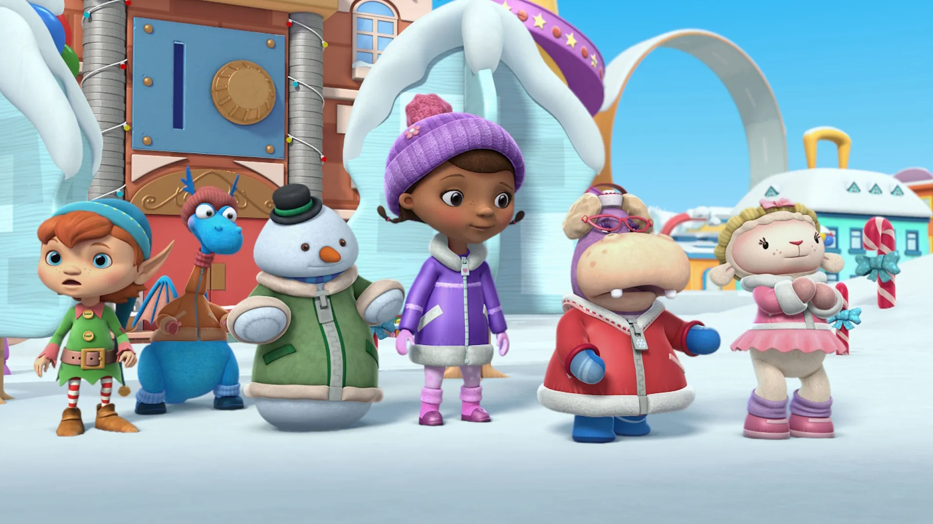 Doc McStuffins and her friends stand outside in the snow