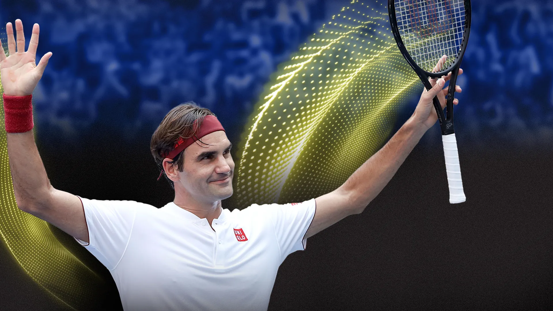 Roger Federer saluda al público sosteniendo su raqueta de tenis Wilson