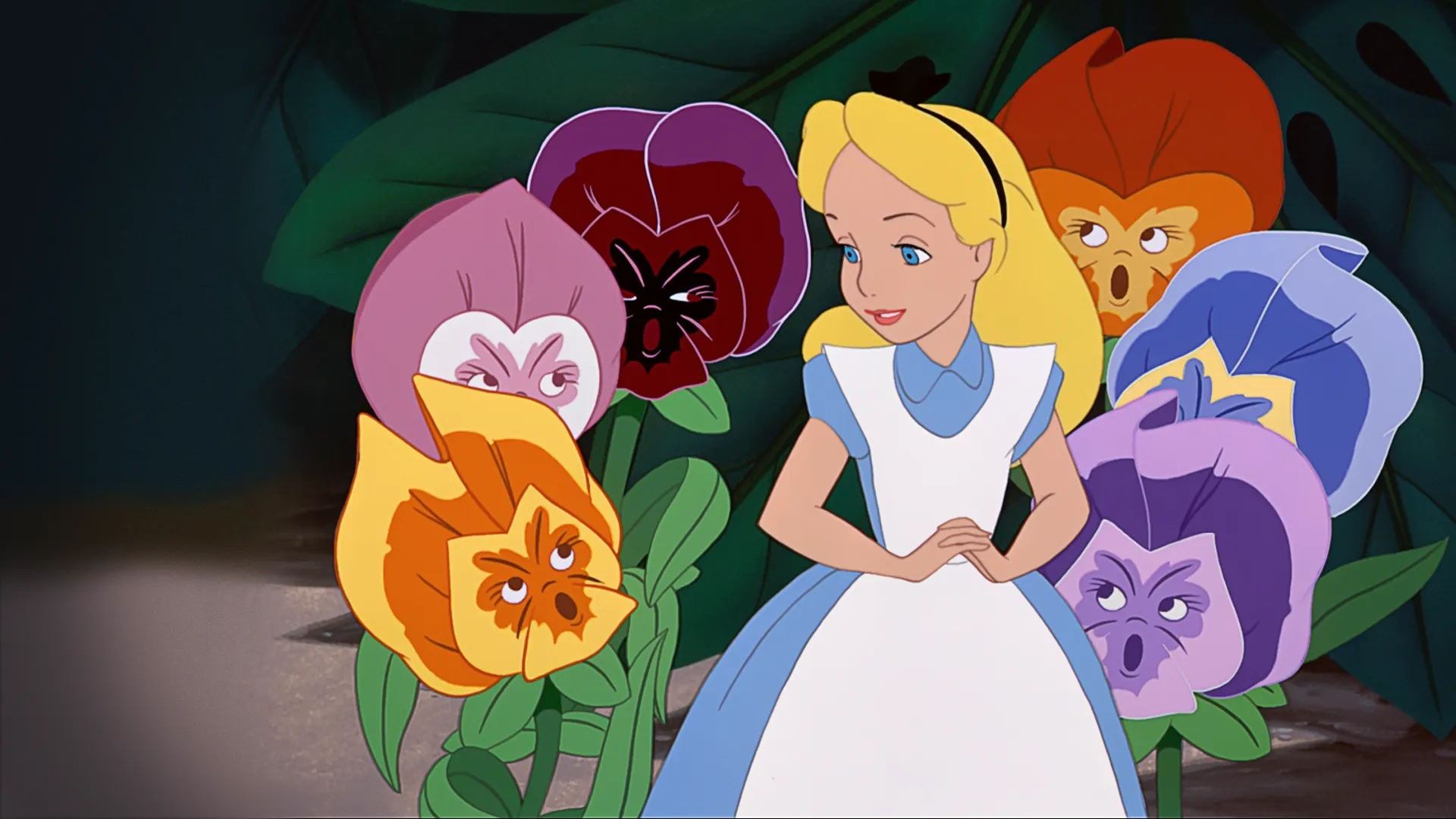 Alice and the singing pansy flowers in the "Golden Afternoon" sequence of Alice in Wonderland (1951)