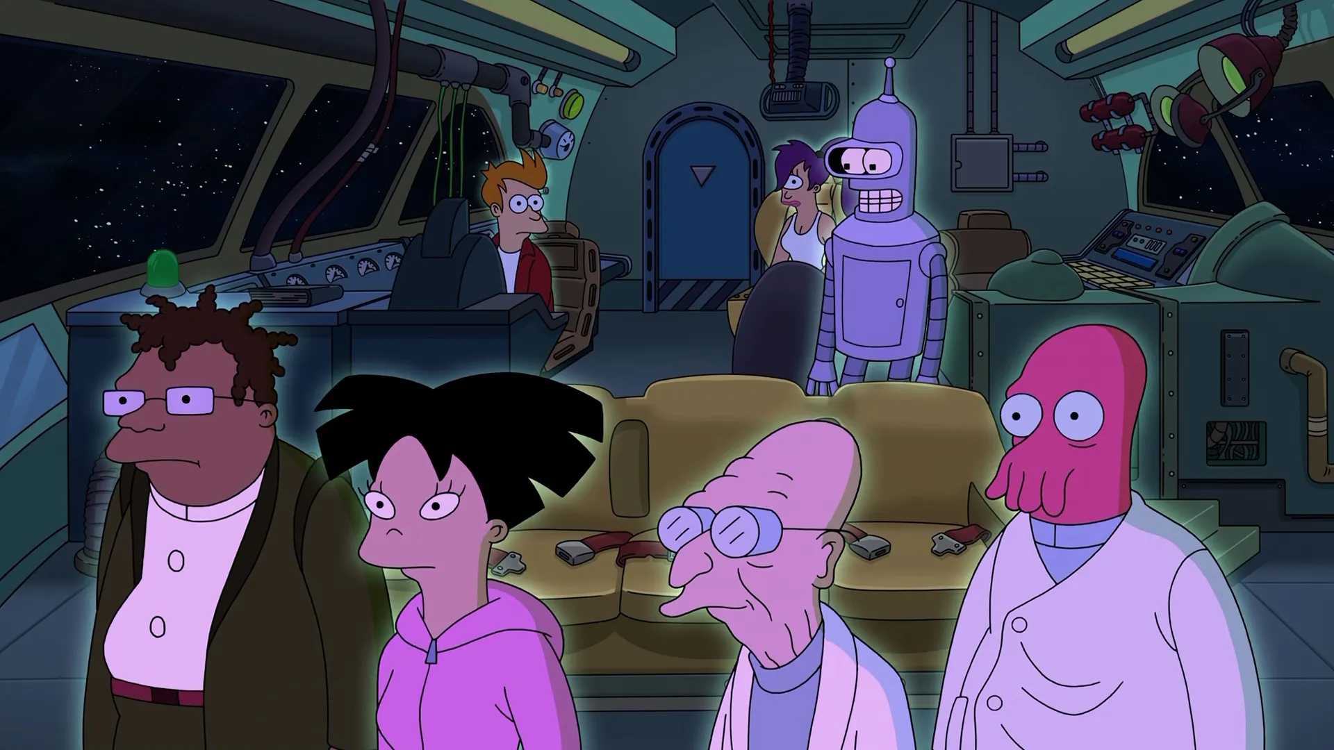 Hermes (Phil LaMarr), Amy (Lauren Tom), Professor Farnsworth (Billy West), and Zoidberg (Billy West) stand in the foreground of a dim spaceship cockpit while Fry (Billy West), Leela (Katey Sagal), and Bender (John DiMaggio) look on behind them.