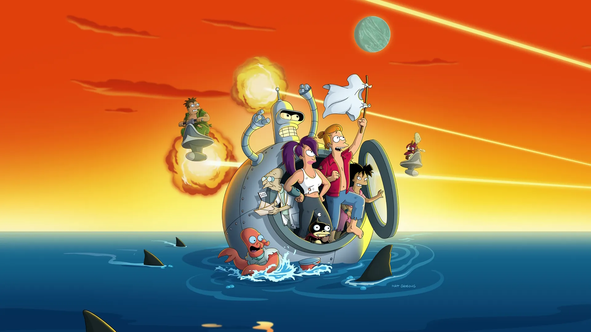 This image is promotional art for a new season of Futurama. The crew is pictured escaping a planet-sized explosion in their ship, the Planet Express ship.