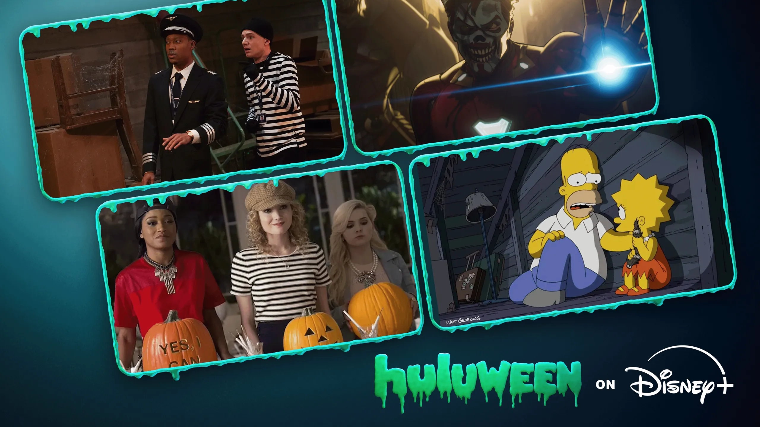 Image of various Halloween episodes, and a Huluween on Disney+ logo