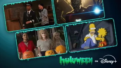 Image of various Halloween episodes, and a Huluween on Disney+ logo