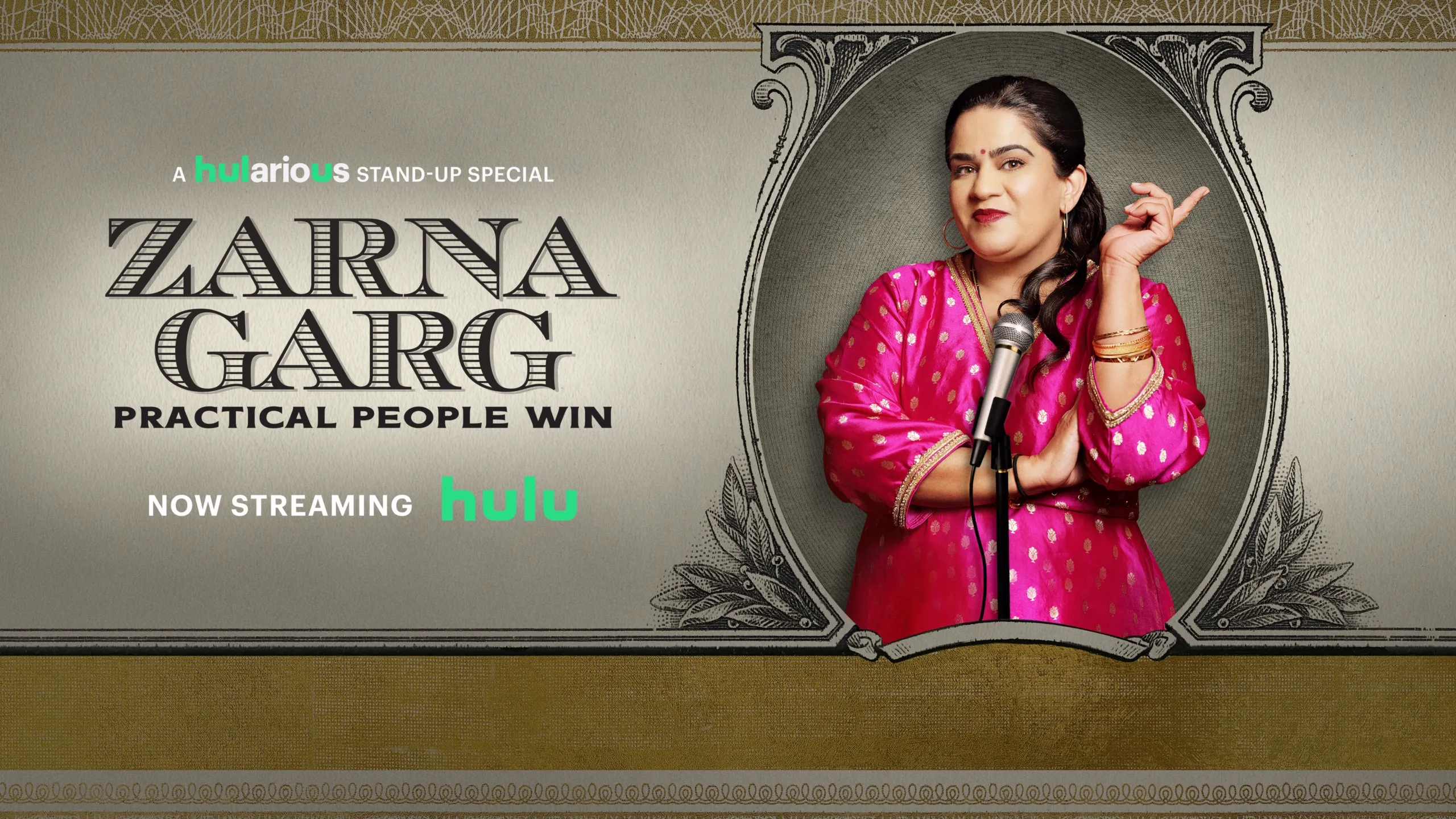 The image features comedian Zarna Garg promoting her stand-up comedy special, Practical People Win. 