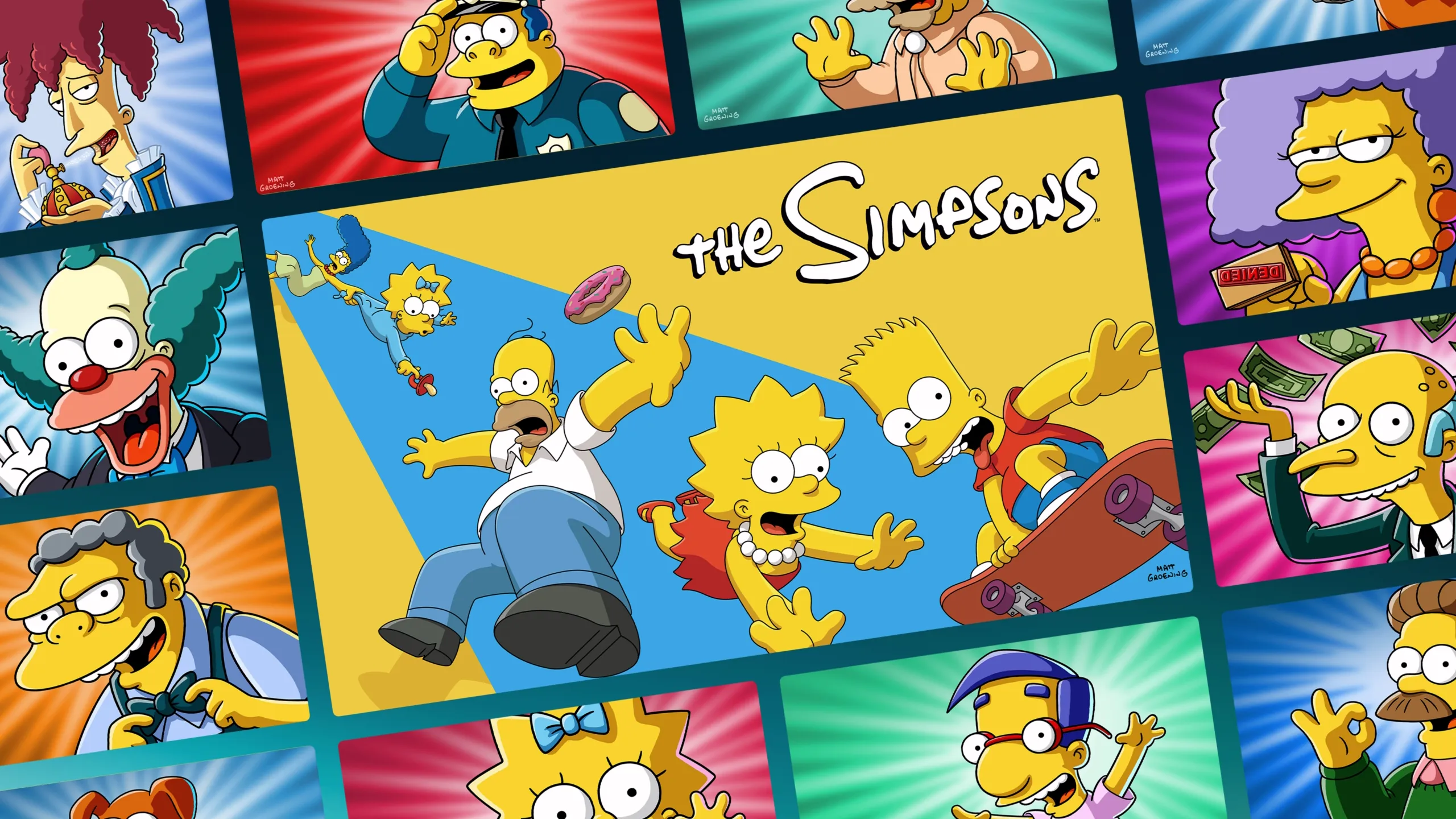 Imagem exibindo os membros principais da família Simpson, Homer, Bart, Lisa, Marge e Maggie, correndo e caindo no ar, abaixo do icônico logotipo branco e estilizado de Os Simpsons