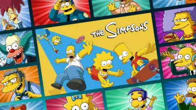 A large, tilted yellow rectangle takes up the middle of the frame, showcasing the core Simpson family—Homer, Bart, Lisa, Marge, and Maggie—running and falling in mid-air below the iconic white, stylized "The Simpsons" logo. A pink frosted donut floats near Homer.