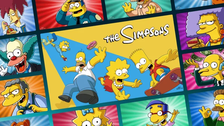 A large, tilted yellow rectangle takes up the middle of the frame, showcasing the core Simpson family—Homer, Bart, Lisa, Marge, and Maggie—running and falling in mid-air below the iconic white, stylized "The Simpsons" logo. A pink frosted donut floats near Homer.