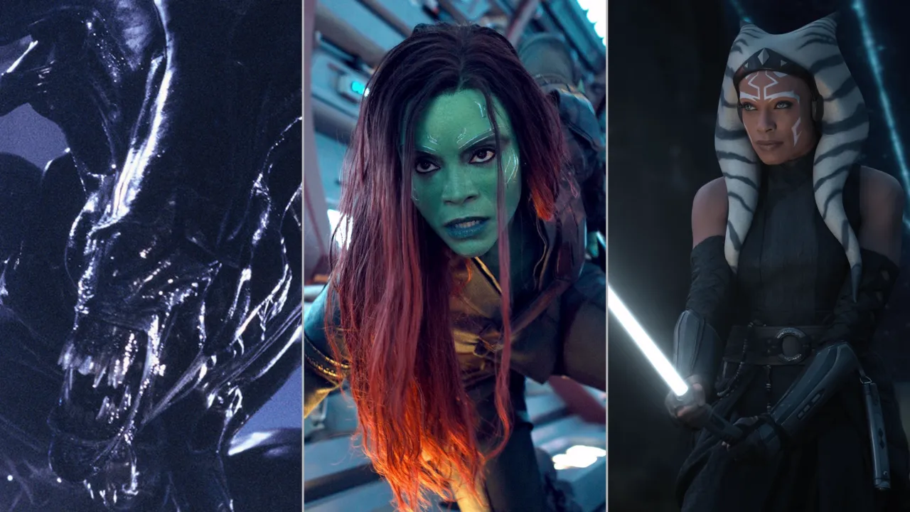 An image split into three parts, showing Ahsoka Tano from Ahsoka, Gamora from Guardians of the Galaxy Vol.3, and the Alien Queen from Aliens.