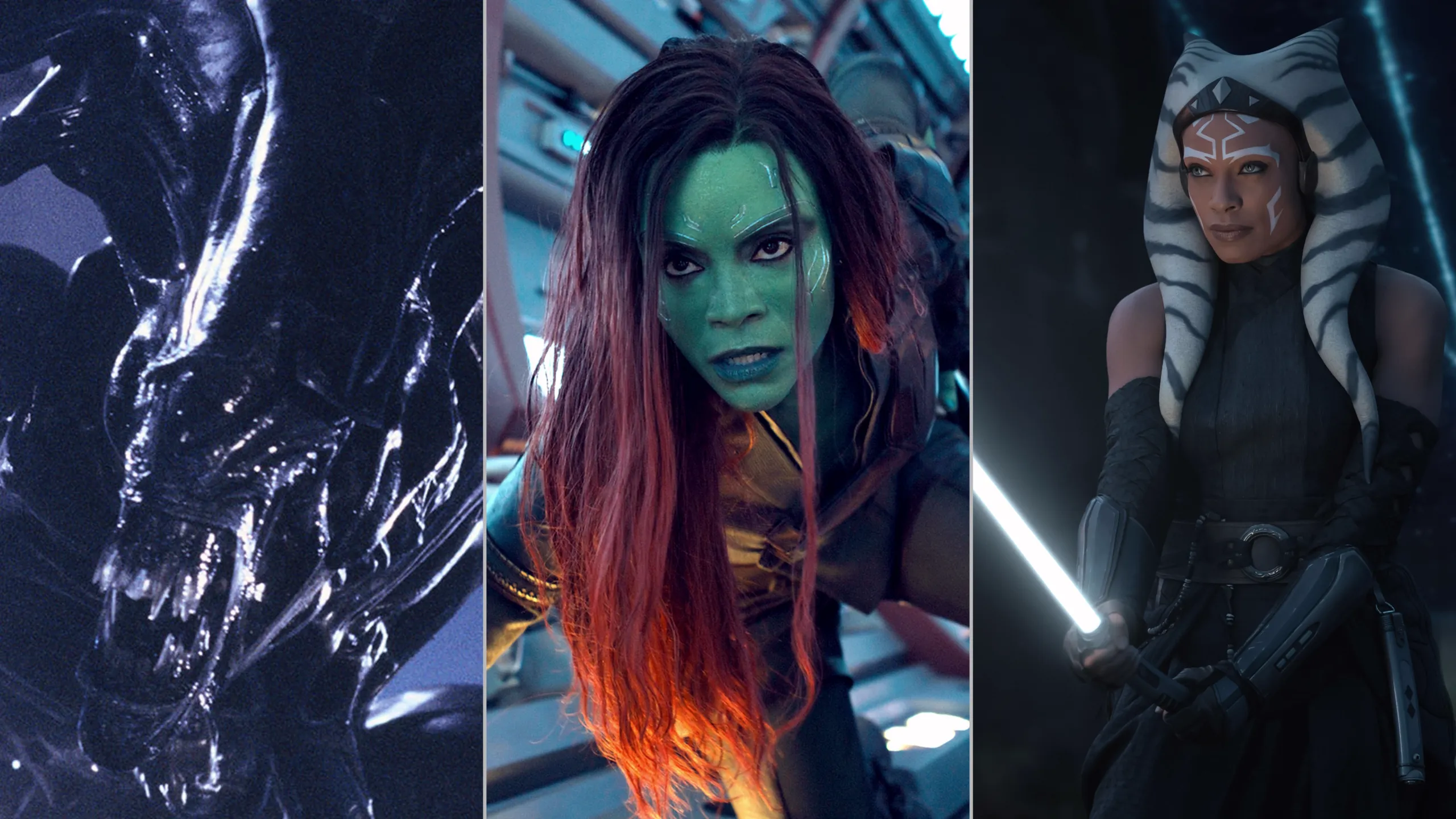 An image split into three parts, showing Ahsoka Tano from Ahsoka, Gamora from Guardians of the Galaxy Vol.3, and the Alien Queen from Aliens.