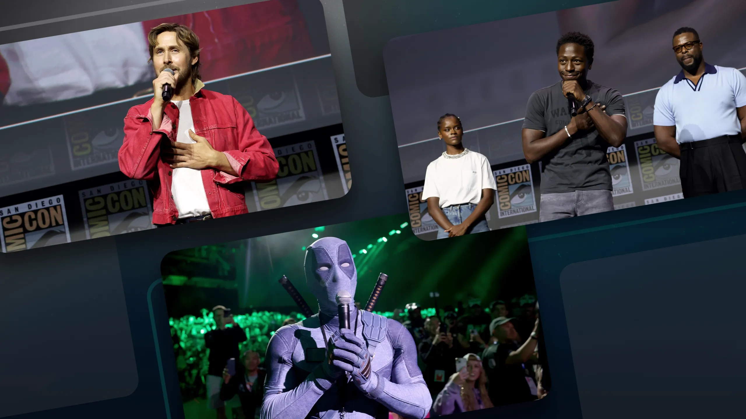 A collage of images from San Diego Comic-Con including pictures of Ryan Gosling, Letitia Wright, David Jonsson, and Winston Duke and Deadpool cosplay