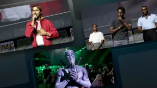 A collage of images from San Diego Comic-Con including pictures of Ryan Gosling, Letitia Wright, David Jonsson, and Winston Duke and Deadpool cosplay