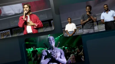 A collage of images from San Diego Comic-Con including pictures of Ryan Gosling, Letitia Wright, David Jonsson, and Winston Duke and Deadpool cosplay