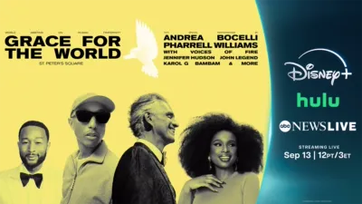 Artwork promoting the Grace for the World concert featuring John Legend, Pharrell Williams, Andrea Bocelli, and Jennifer Hudson.