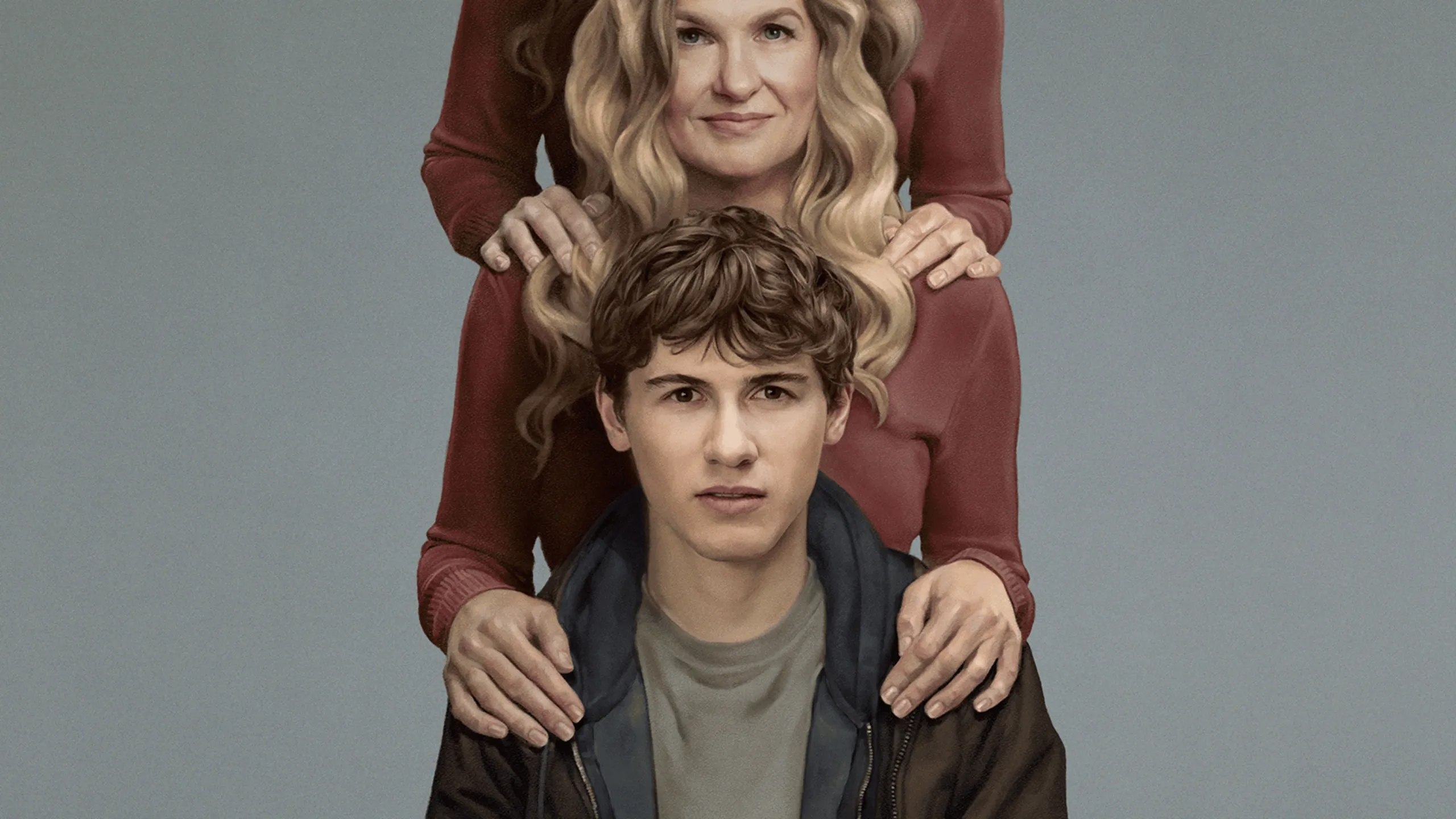 Key Art for Phony. Sonny (Sam Nivola) sits in the foreground with Ellen's (Connie Britton) hands on his shoulders. On Ellen's shoulders are the hands of someone whose face we can't see, wearing the same clothes as Ellen