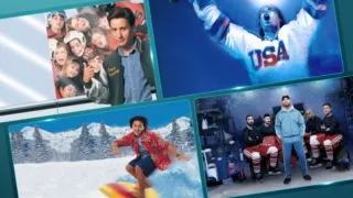 A collage of winter sports movies and shows including The Mighty Ducks, Miracle, Johnny Tsunami, and Shoresy