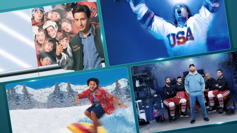A collage of winter sports movies and shows including The Mighty Ducks, Miracle, Johnny Tsunami, and Shoresy