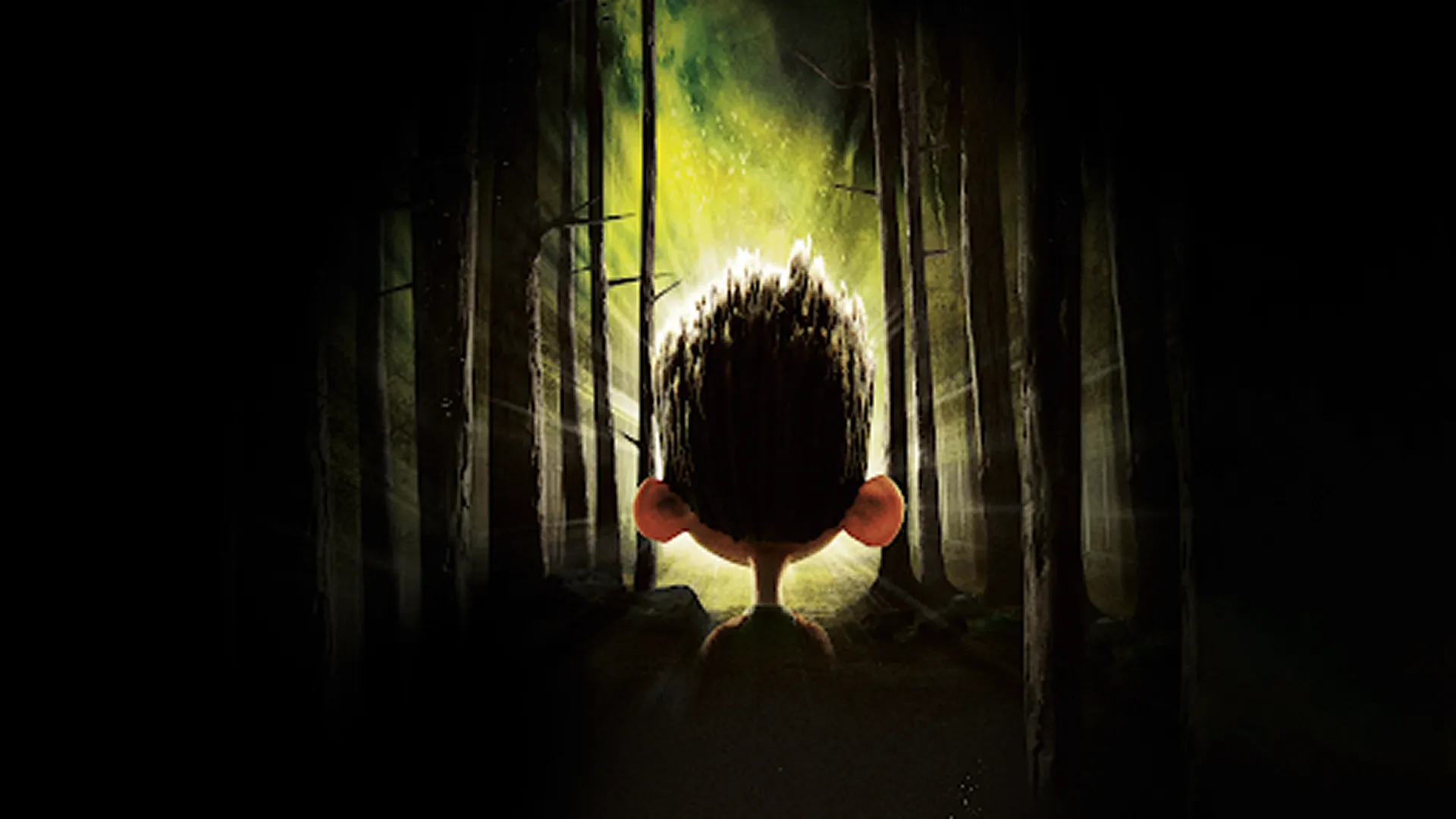 The back of Norman Babcock's head with his signature spiky hair and large ears, looking into a dark, dense forest illuminated by a mysterious bright green light from the animated movie ParaNorman.
