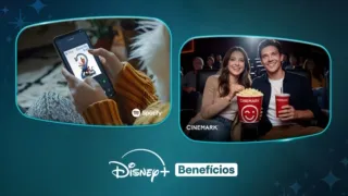 Imagem de duas marcar com benefícios disponíveis aos assinantes do Disney+: Spotify e Cinemark