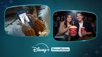 Imagem de duas marcar com benefícios disponíveis aos assinantes do Disney+: Spotify e Cinemark