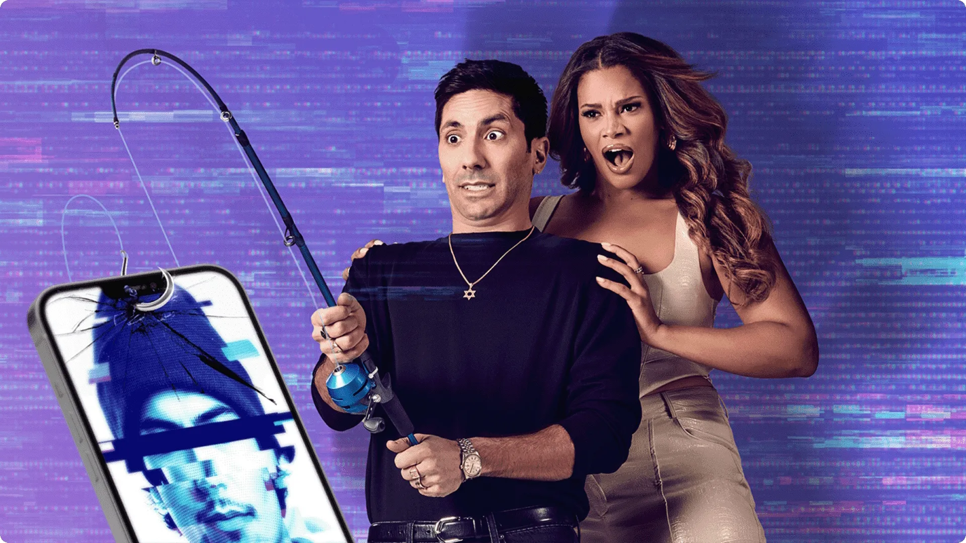 Hosts Nev Schulman and Kamie Crawford react with shocked expressions while holding a fishing rod next to a cell phone with a cracked screen in a promotional poster for Catfish: The TV Show Season 9.