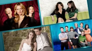 A collage of promotional photos from four iconic 2000s television shows: Gilmore Girls, The Secret Life of the American Teenager, and Glee. Each panel features group shots of the main ensemble casts smiling and posing together.