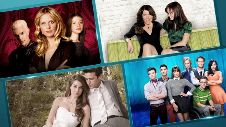 A collage of promotional photos from four iconic 2000s television shows: Gilmore Girls, The Secret Life of the American Teenager, and Glee. Each panel features group shots of the main ensemble casts smiling and posing together.
