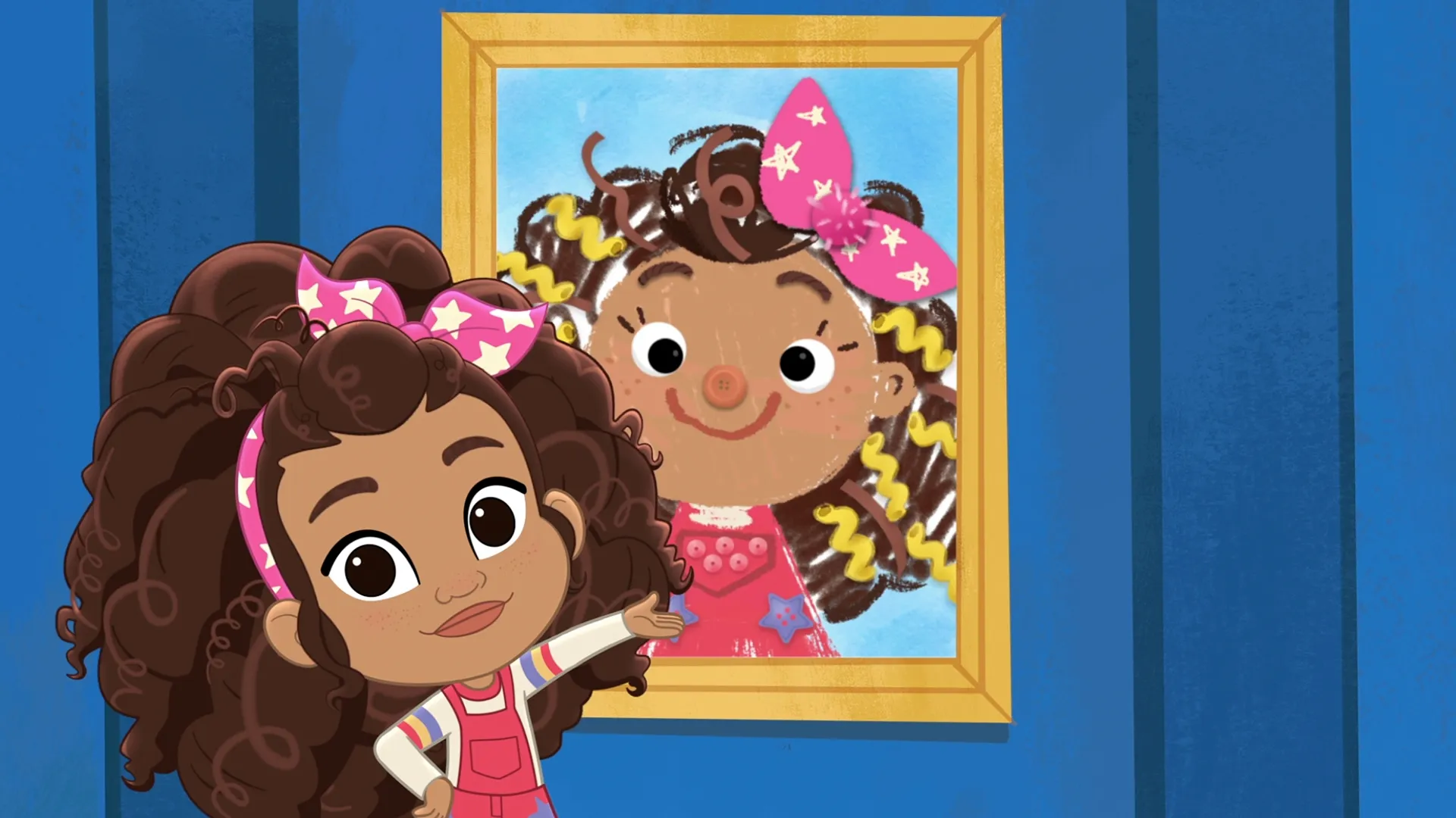 A young girl, Berti, shows a self-portrait she created that is hanging on the wall in Kindergarten: The Musical.