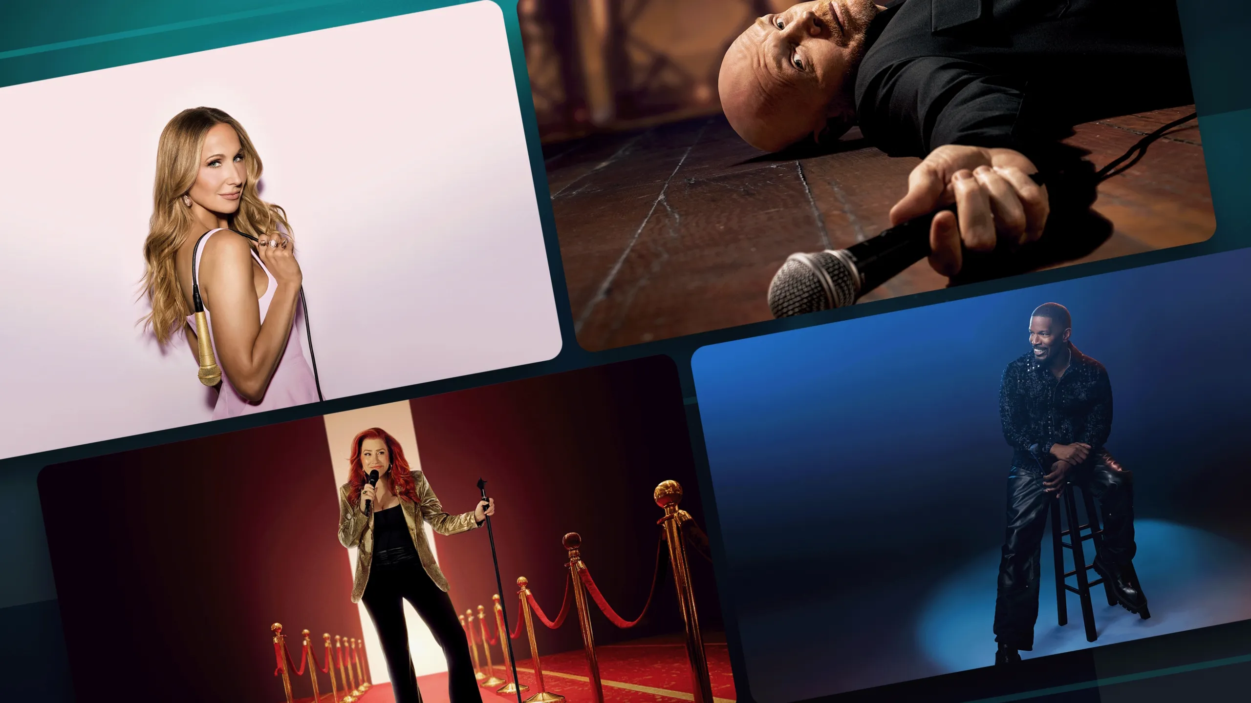 A collage of promotional artwork from Nikki Glaser: Good Girl, Jamie Foxx: Take Care of Yourself, Lisa Ann Walter: It Was An Accident, and Bill Burr: Drop Dead Days on a teal background