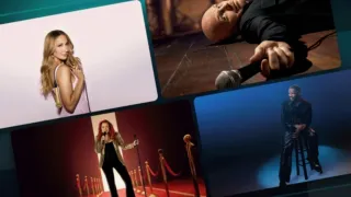 A collage of promotional artwork from Nikki Glaser: Good Girl, Jamie Foxx: Take Care of Yourself, Lisa Ann Walter: It Was An Accident, and Bill Burr: Drop Dead Days on a teal background