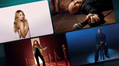 A collage of promotional artwork from Nikki Glaser: Good Girl, Jamie Foxx: Take Care of Yourself, Lisa Ann Walter: It Was An Accident, and Bill Burr: Drop Dead Days on a teal background