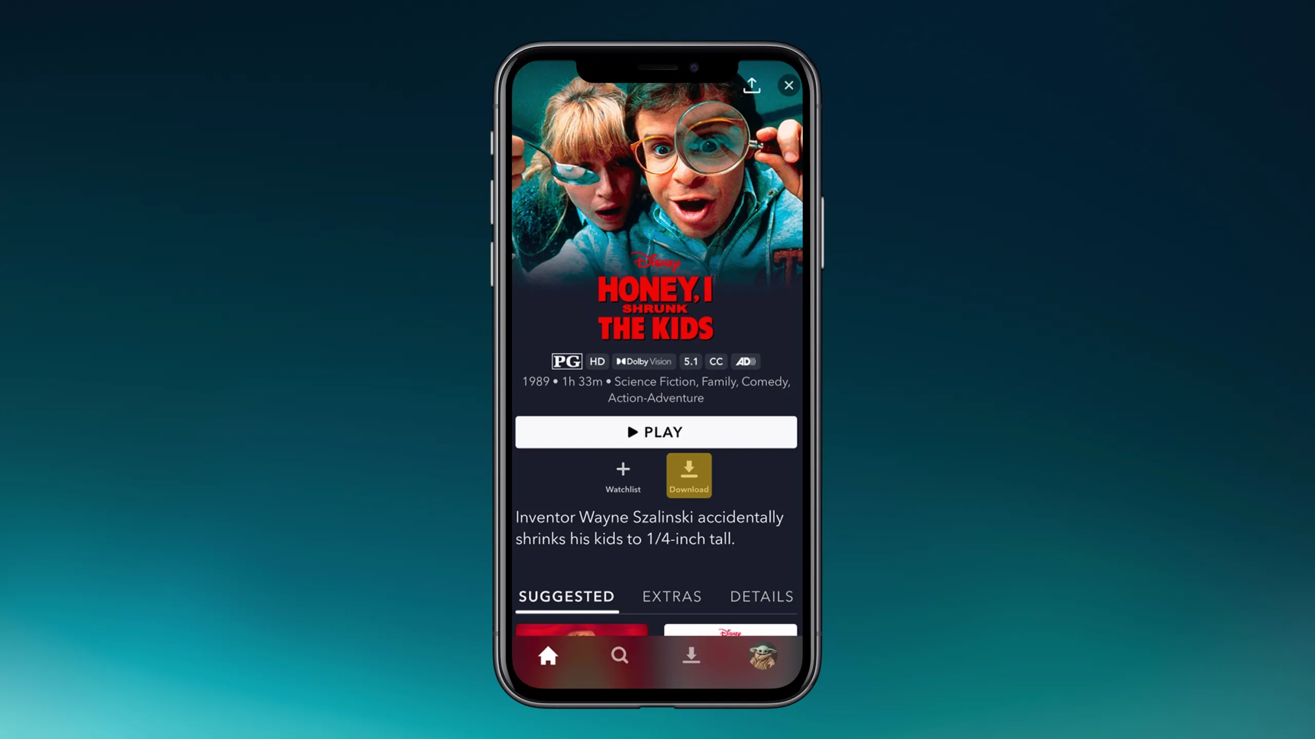 A screenshot of the Honey, I Shrunk the Kids movie page on the Disney+ app, with the download button highlighted.