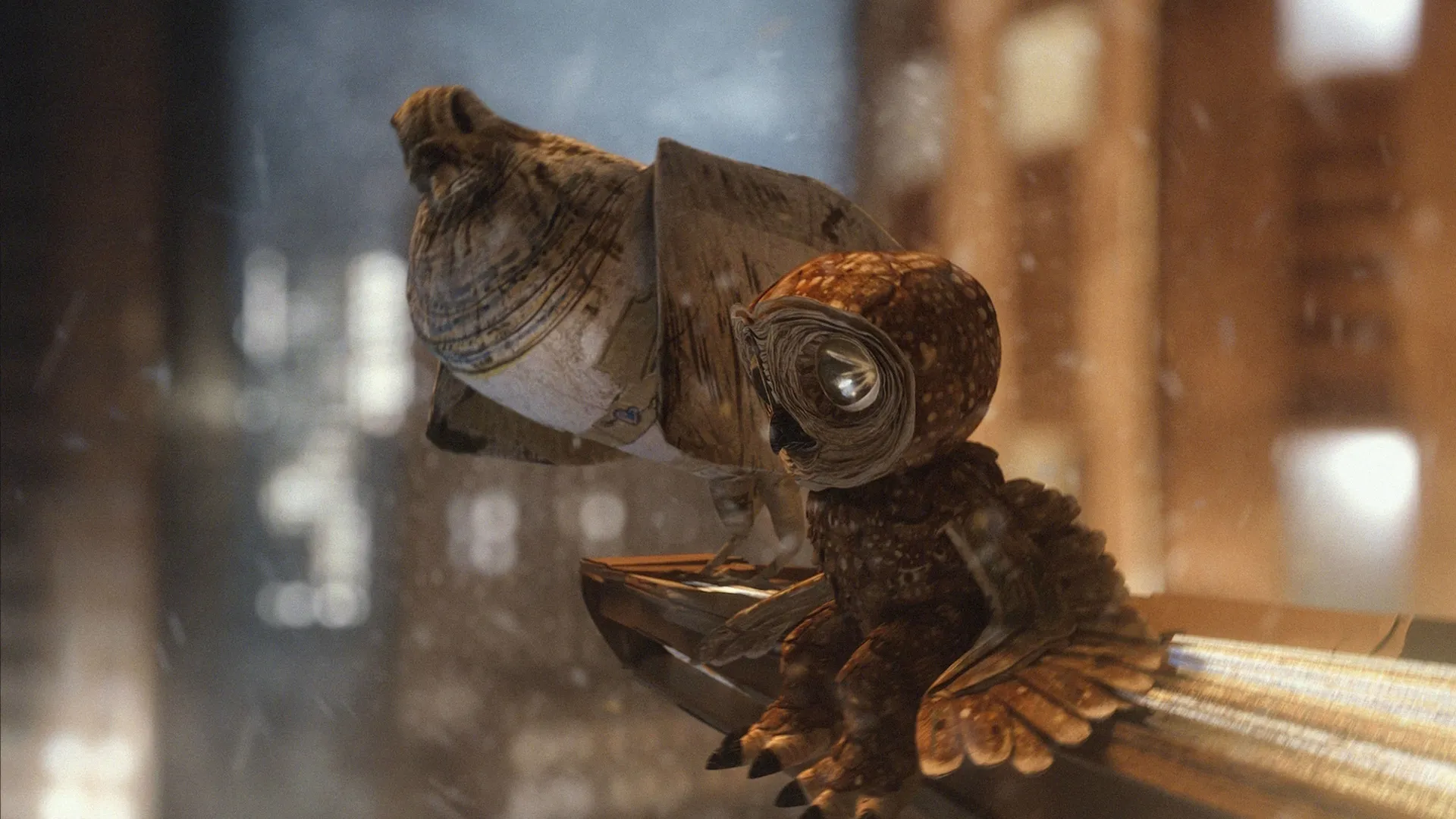 A stylized owl sits atop a building in New York City in a scene from the short film An Almost Christmas Story
