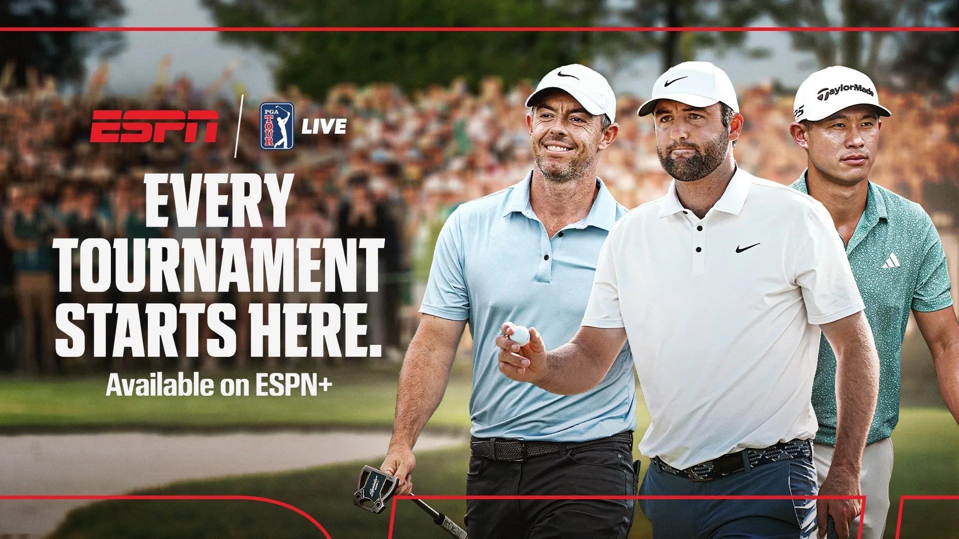 A promotional image featuring professional golfers Rory McIlroy, Scottie Scheffler, and Collin Morikawa. Text reads: ESPN PGA Tour Live. Every tournament starts here. Available on ESPN Plus