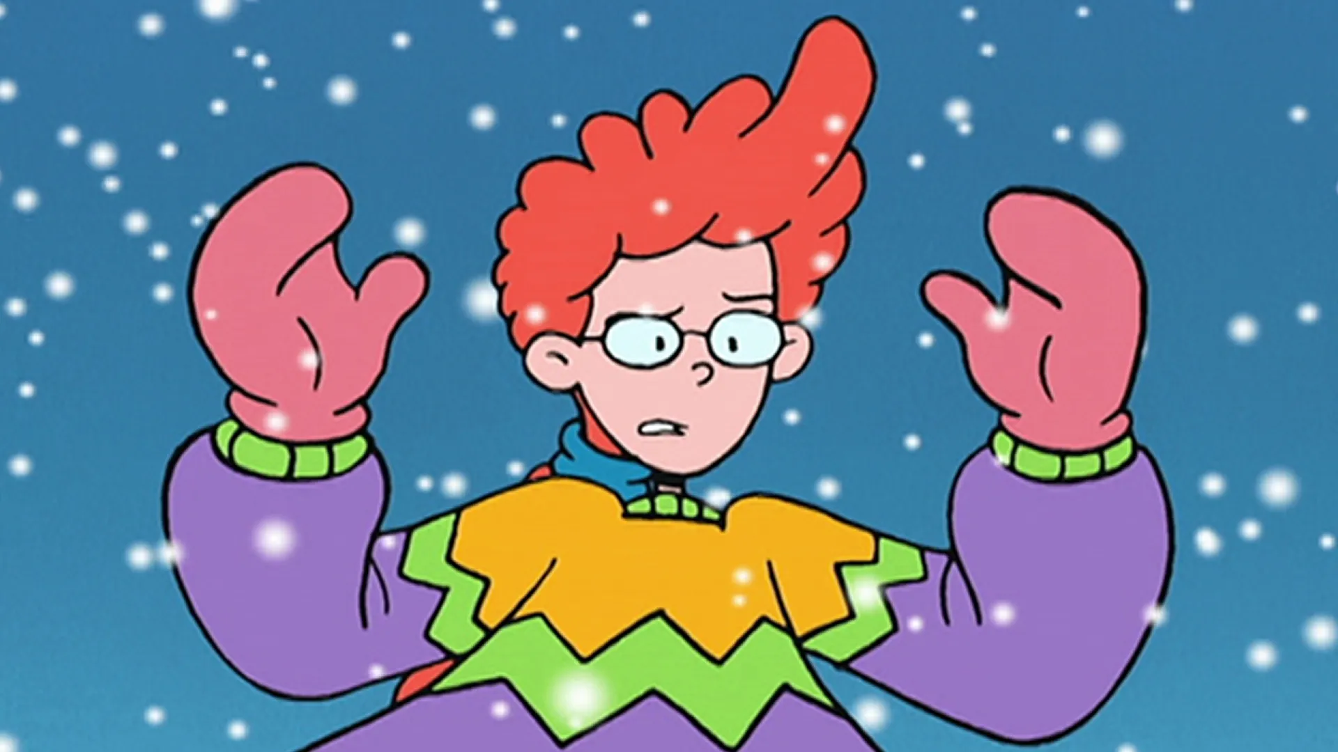 Pepper Ann in the snow, wearing a sweater and mittens