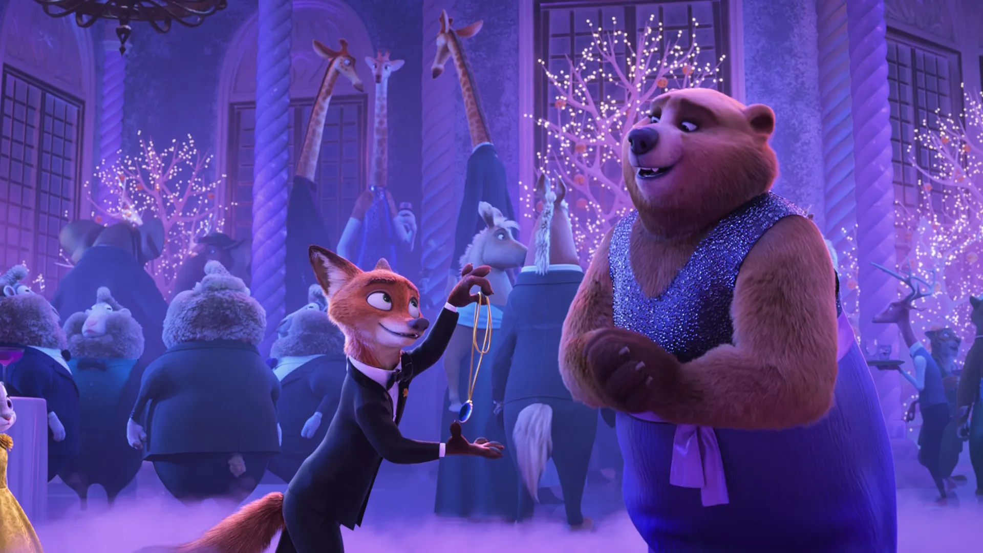 This scene depicts a moment from the upcoming film Zootopia 2, featuring Nick Wilde interacting with a new character named the Bearoness. 