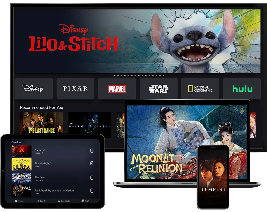 4 Devices showcasing the Disney+ product on TV, Mobile, Laptop, and Tablet