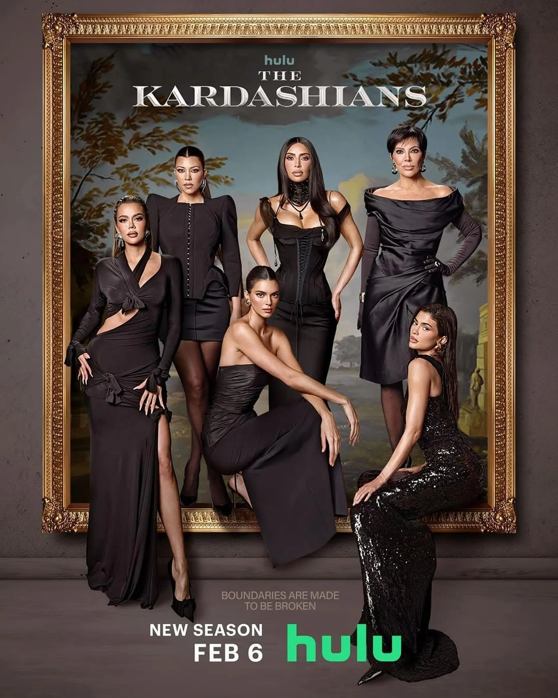 Kris Jenner, Kourtney Kardashian, Kim Kardashian, Kylie Jenner, Kendall Jenner, and Khloé Kardashian wearing black dresses.