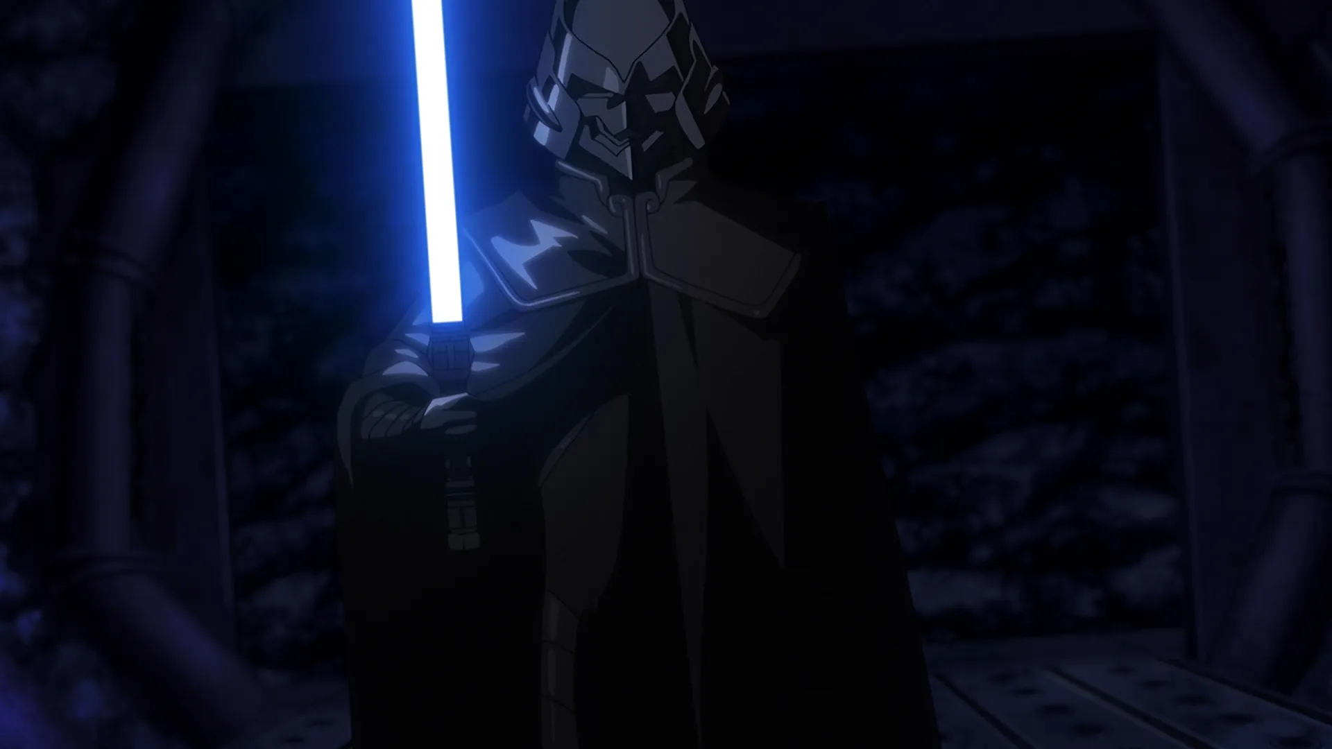 Masked antagonist General Nawaam wielding a blue lightsaber.
