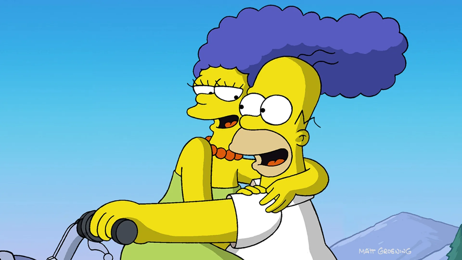 Marge Simpson hugs Homer Simpson from behind as they ride a motorcycle together against a clear blue sky.