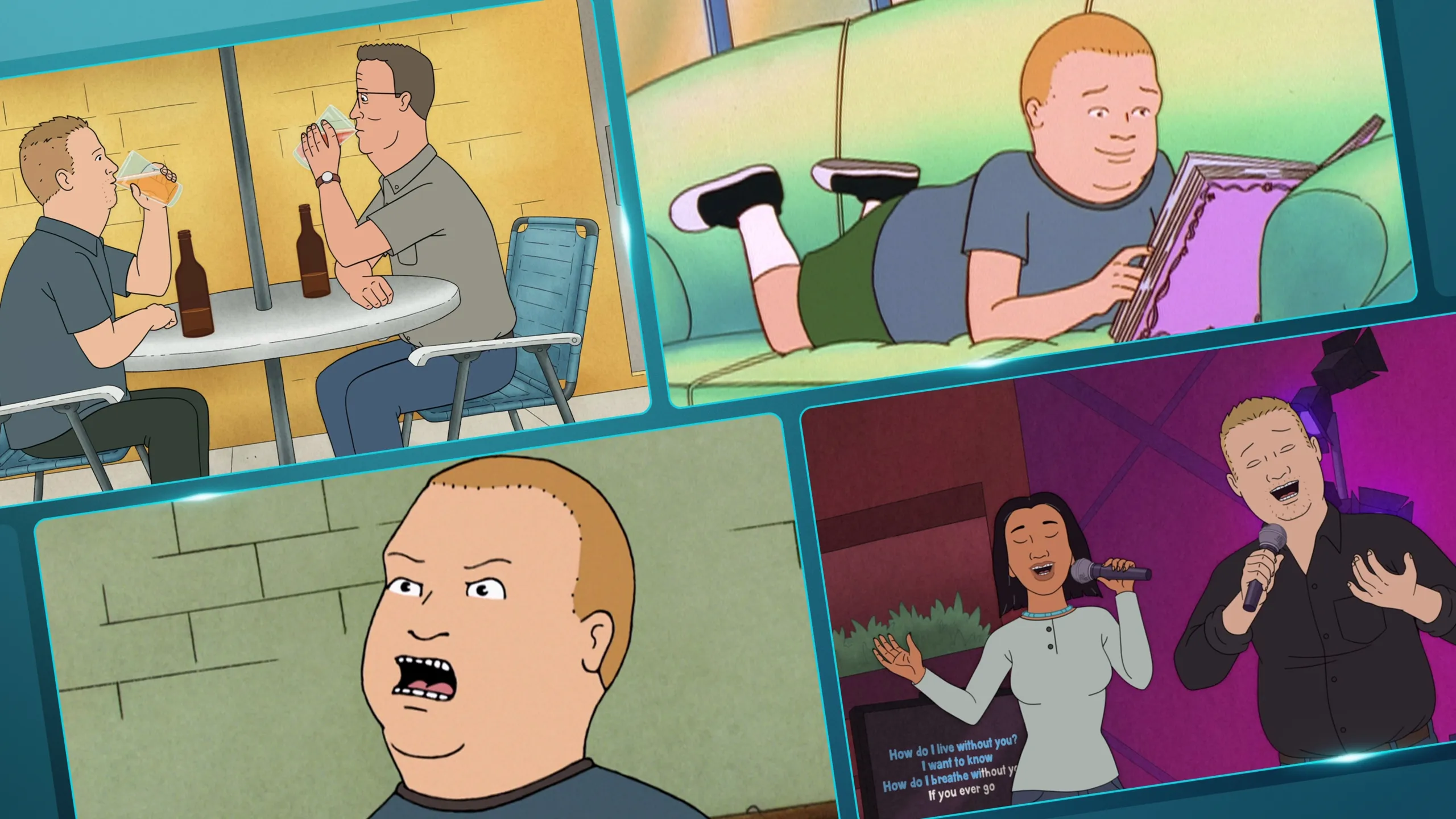 A collage of screenshots from the animated series King of the Hill depicts Bobby Hill in various scenes, including drinking beers with Hank, looking at a scrapbook, reacting with shock, and singing karaoke with Connie.
